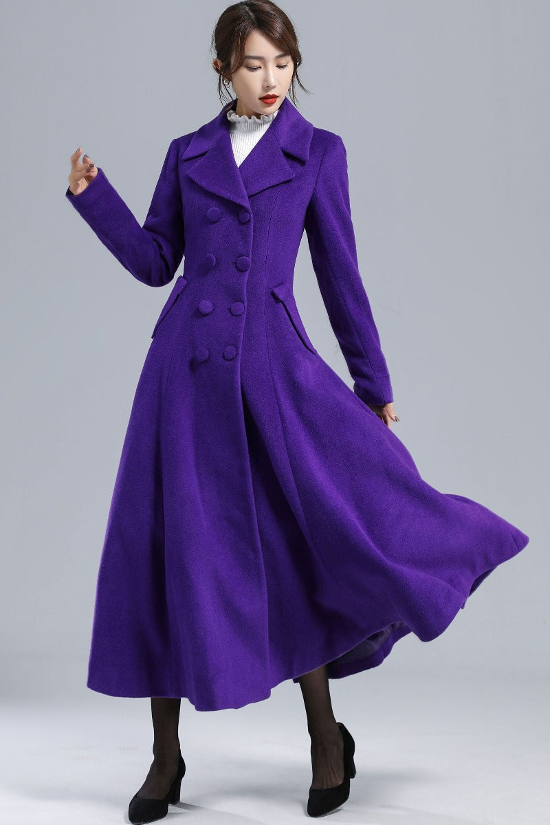 Blue Wool Winter Coat – Double Breasted Long Overcoat with Pockets 1685