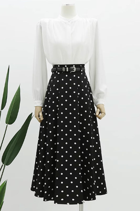 Black and white polka dot long skirt 4763