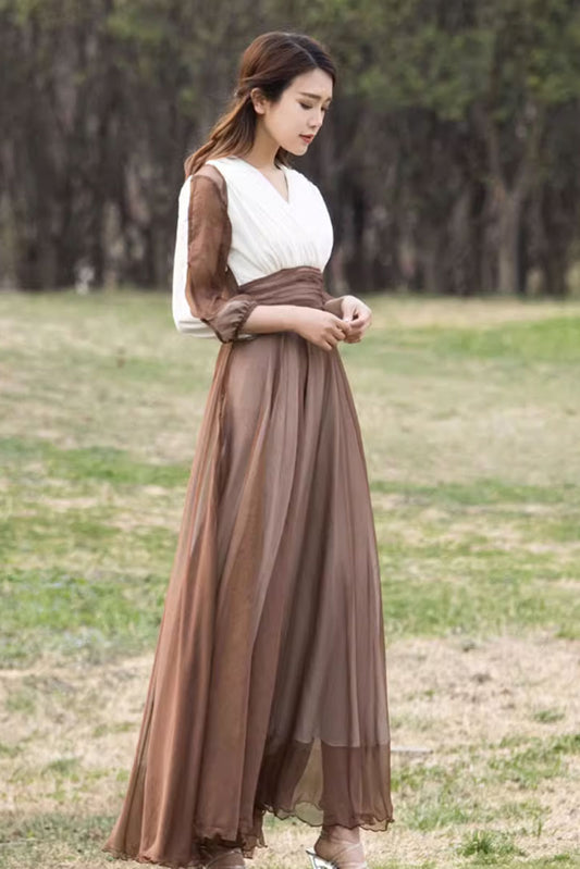 high waisted block color chiffon dress 4459