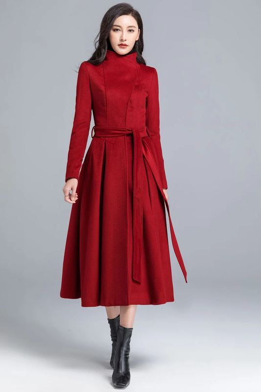 Red Wool Coat Dress – Vintage High Neck Fit-and-Flare Long Winter Overcoat 2482