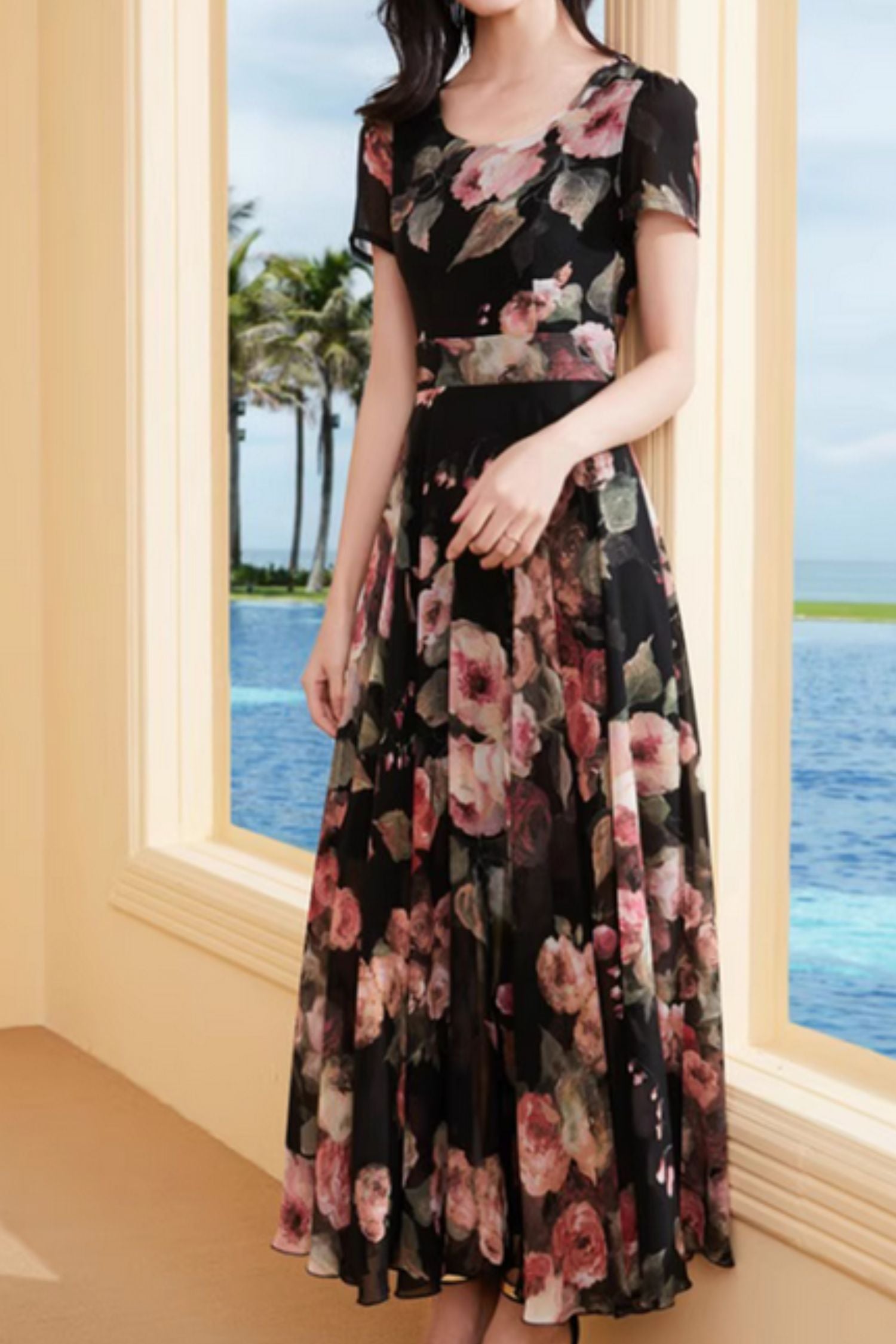 black floral flowy dress Black Floral Maxi Dress, White Flowers Long Spaghetti Straps Flowy Women Sleeveless Casual Cute Designer Elegant Plus Size Cocktail Party 4XL / White