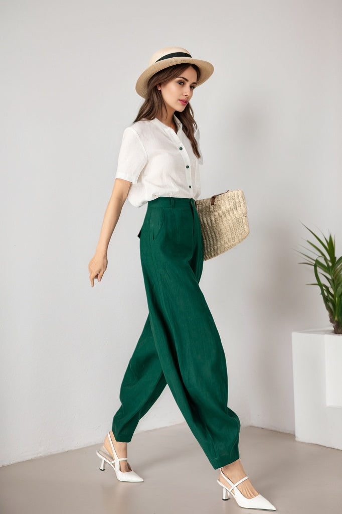 Green Linen Wide Leg Pants - High Waisted, Tapered Silhouette 5902