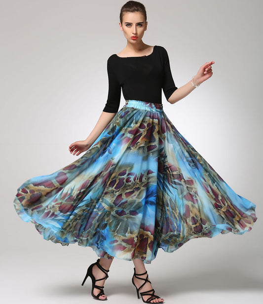 Abstract Print Chiffon Maxi Skirt for Women with Elastic Waist | Xiaolizi 1294