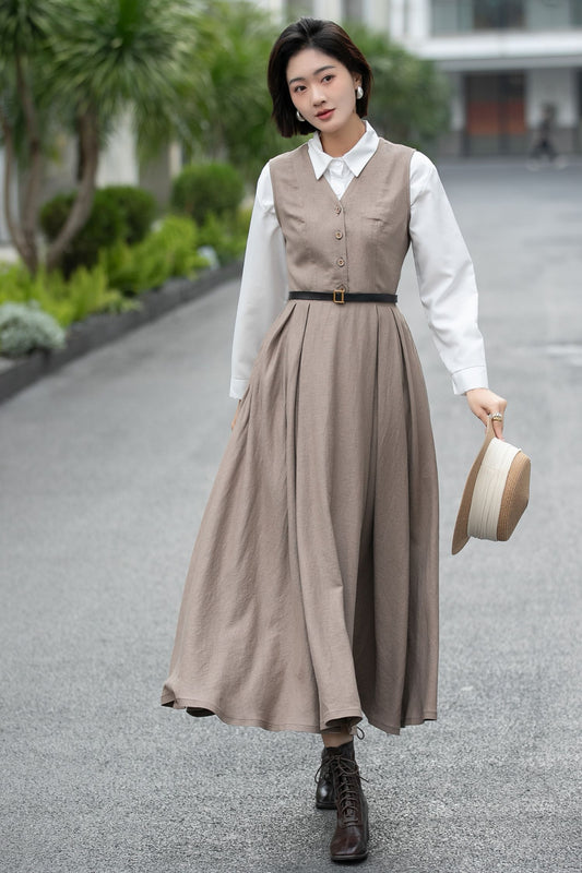 Handmade Linen Cotton Pinafore Midi Dress – Vintage Sleeveless Layering Dress 6657