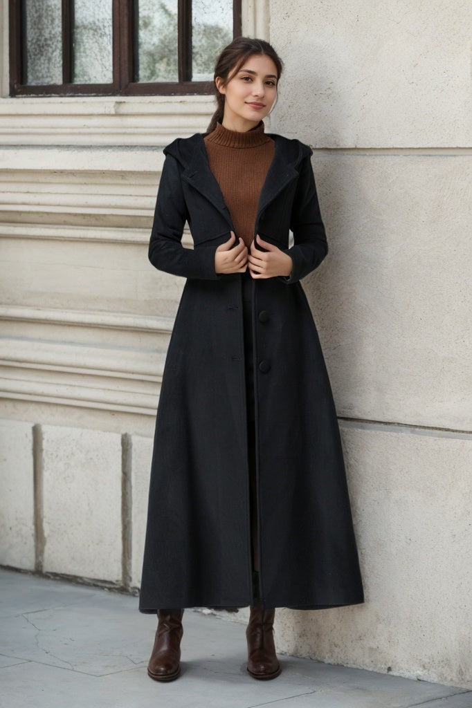 Black Wool Hooded Coat – Vintage A-Line Maxi Overcoat for Women 1839
