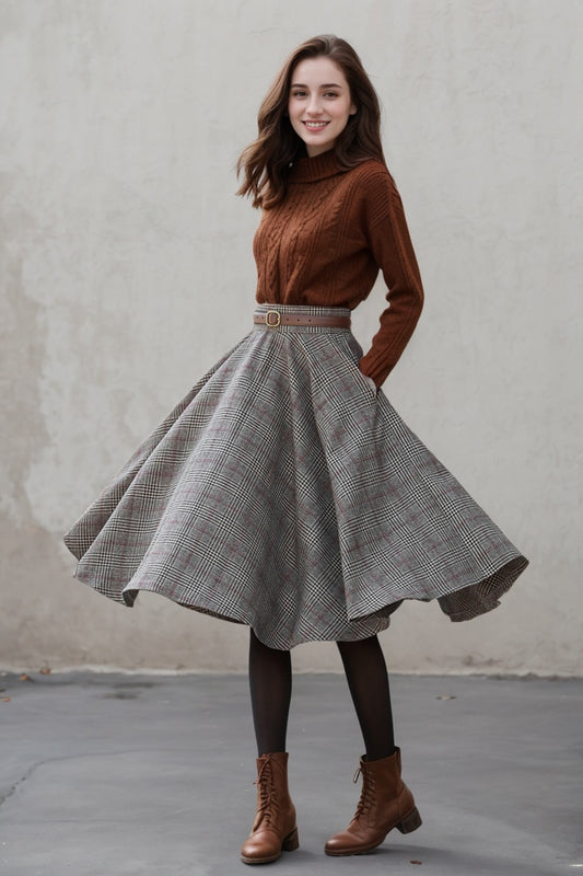 Gray Plaid Wool Midi Skirt – Vintage High Waist Pleated Circle Skirt 5306