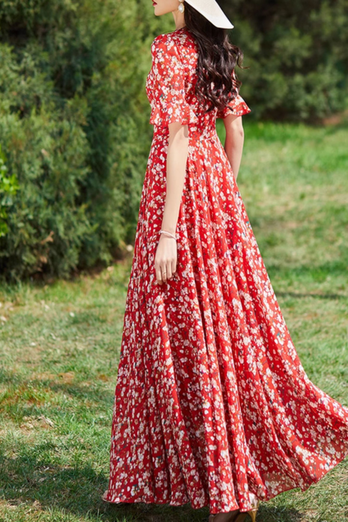 Red flower printed maxi chiffon dresses 5008