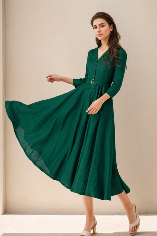 1950s Green Linen Shirt Dress – Women’s Midi Belted Summer Dress 5127