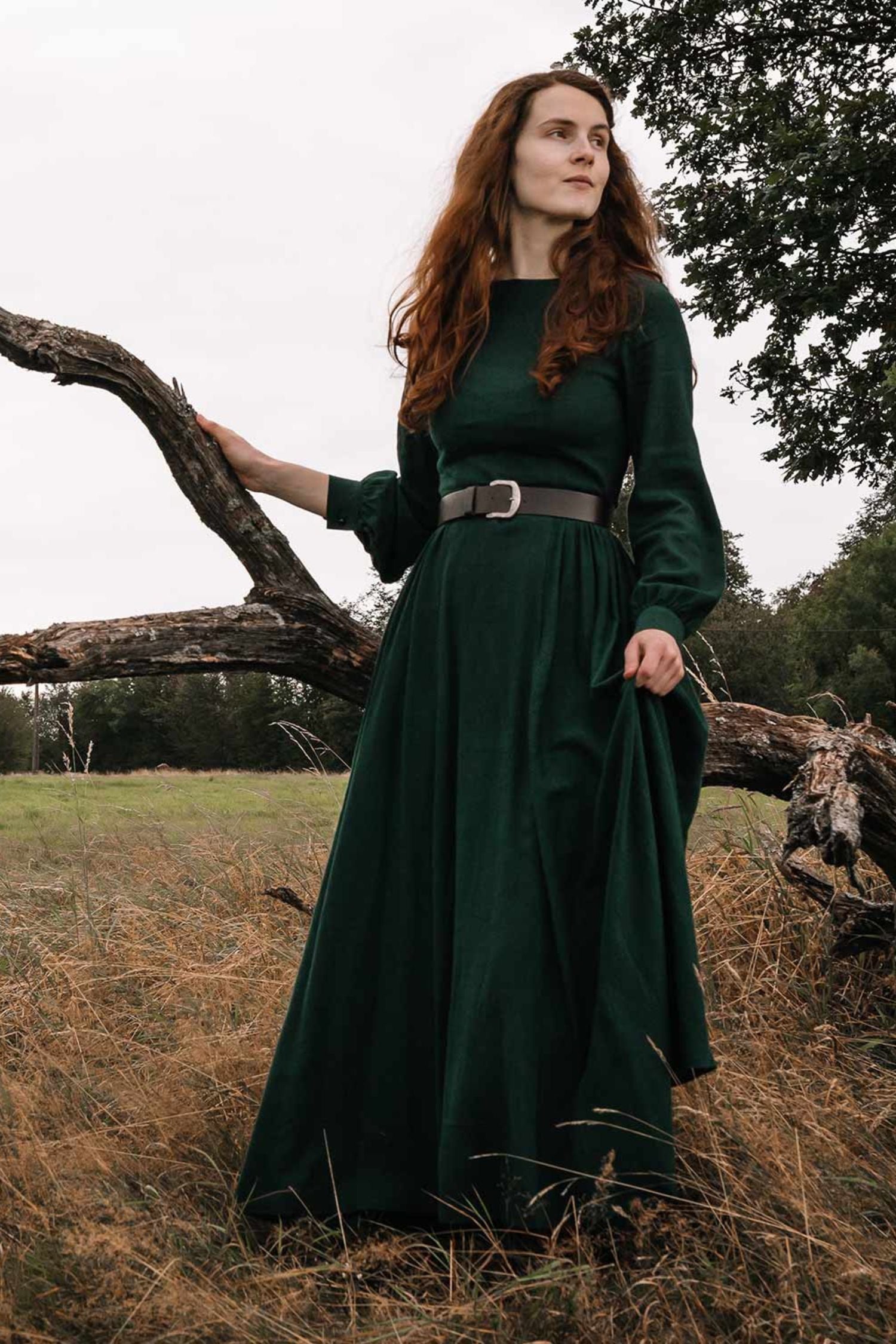 Dark Green Linen Cotton Maxi Dress Vintage Long Sleeve Boat Neck 1454 Emerald Green / Xs Dark Green Linen Cotton Maxi Dress Vintage Long Sleeve Boat Neck 1454 Emerald Green / Xs