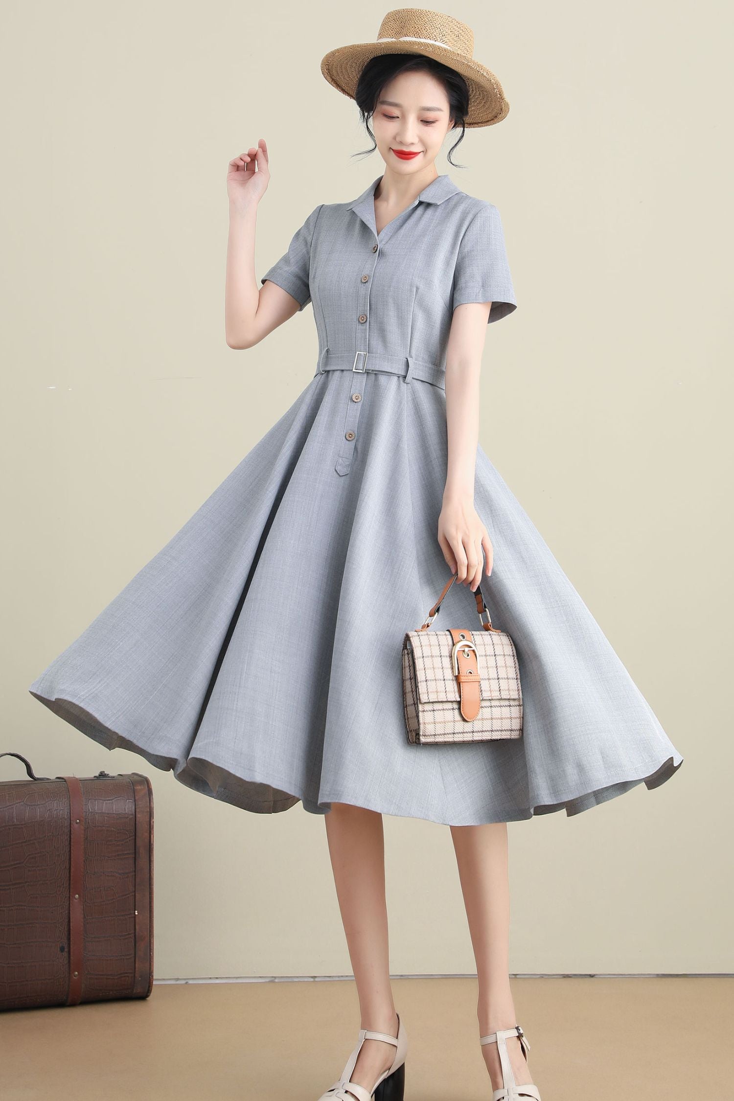 Cotton Linen Shirt Dress Handmade Summer Midi with Pockets | Xiaolizi 3272 Grey / XS Cotton Linen Shirt Dress Handmade Summer Midi with Pockets | Xiaolizi 3272 Grey / XS