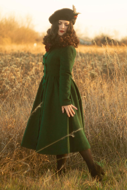 Forest Green Wool Blend Coat - Double Breasted Fitted Waist 3243