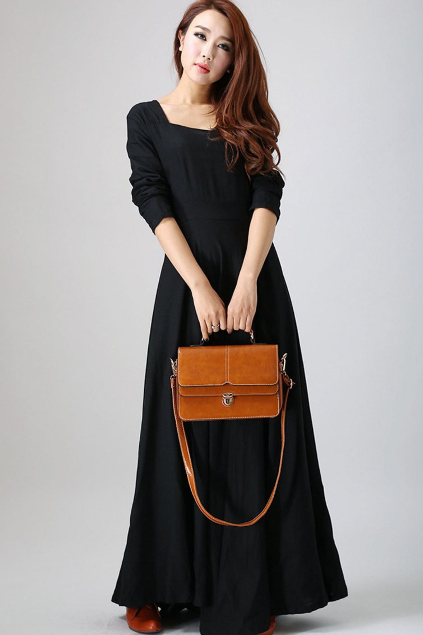 Long sleeve Maxi Black Linen Dress -LBD 793
