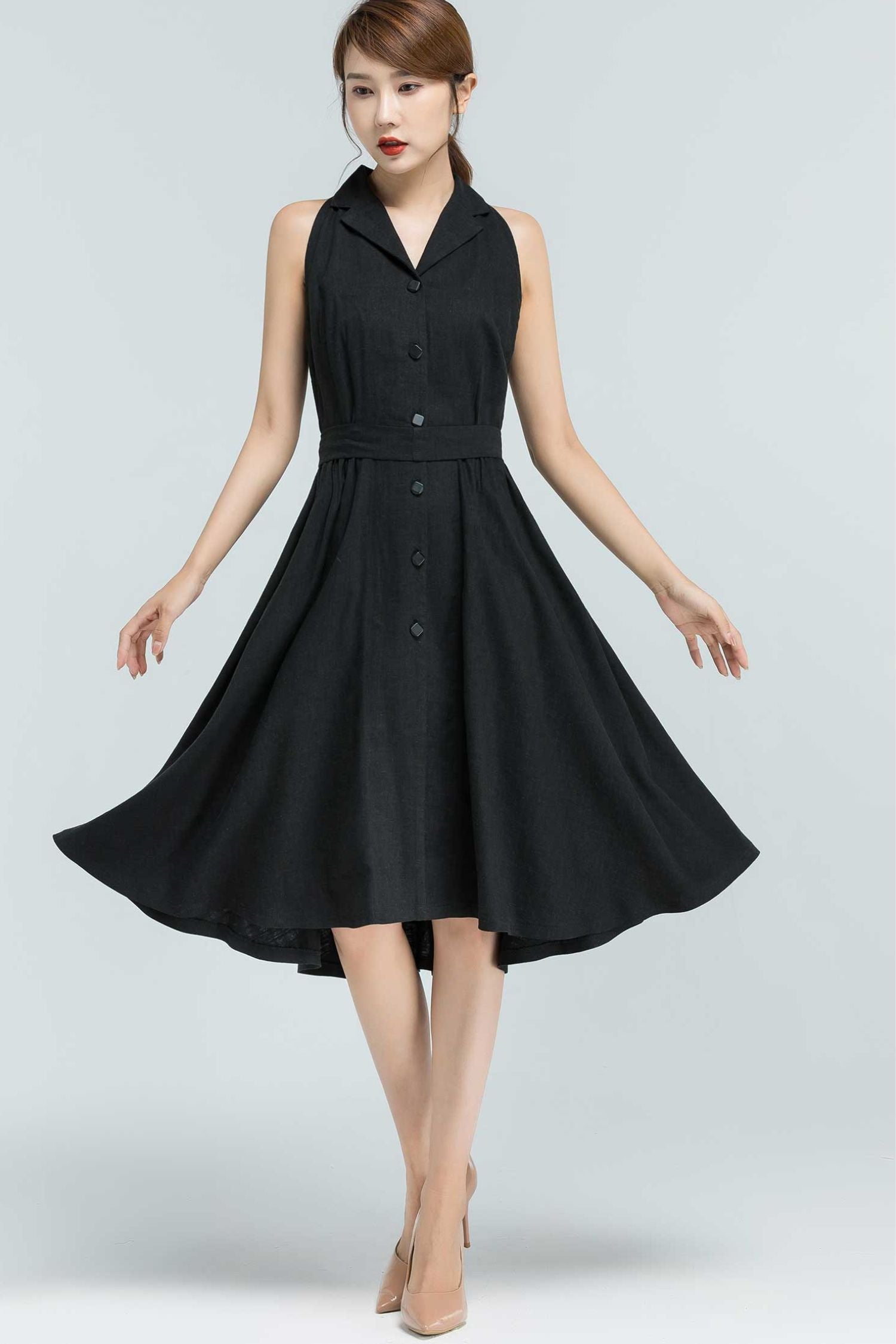 Black Linen Button Down Midi Dress Handmade Summer | Xiaolizi 2135 White / M Black Linen Button Down Midi Dress Handmade Summer | Xiaolizi 2135 White / M