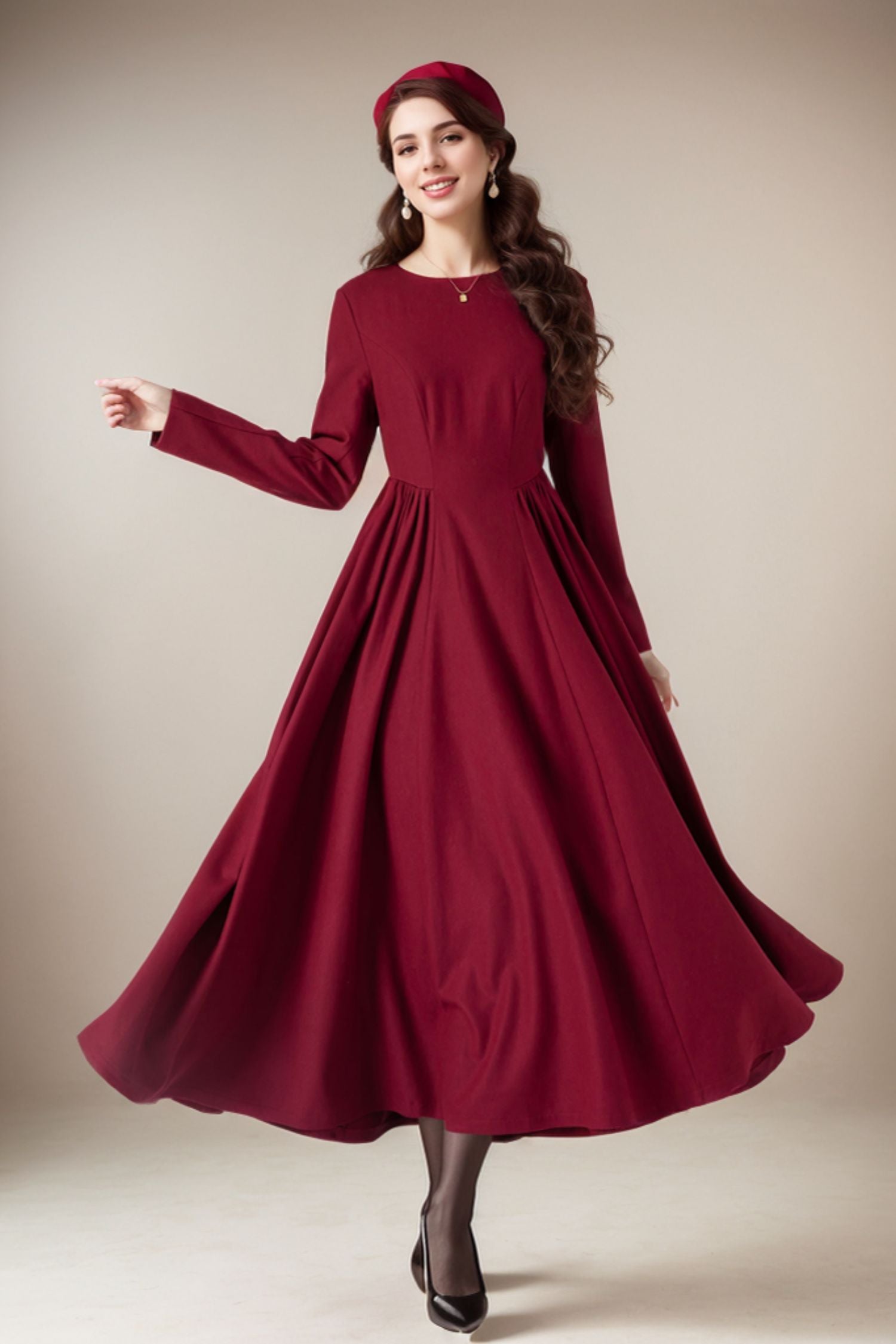 Fit and flare burgundy wool dress women 5235 Xiaolizi Fit and flare burgundy wool dress women 5235 Xiaolizi