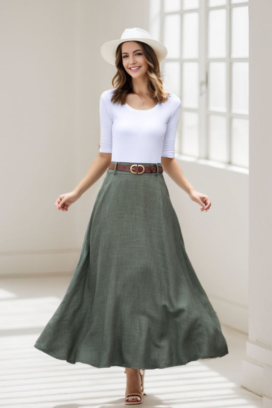 Green A Line Maxi Linen Skirt with Pockets 2784