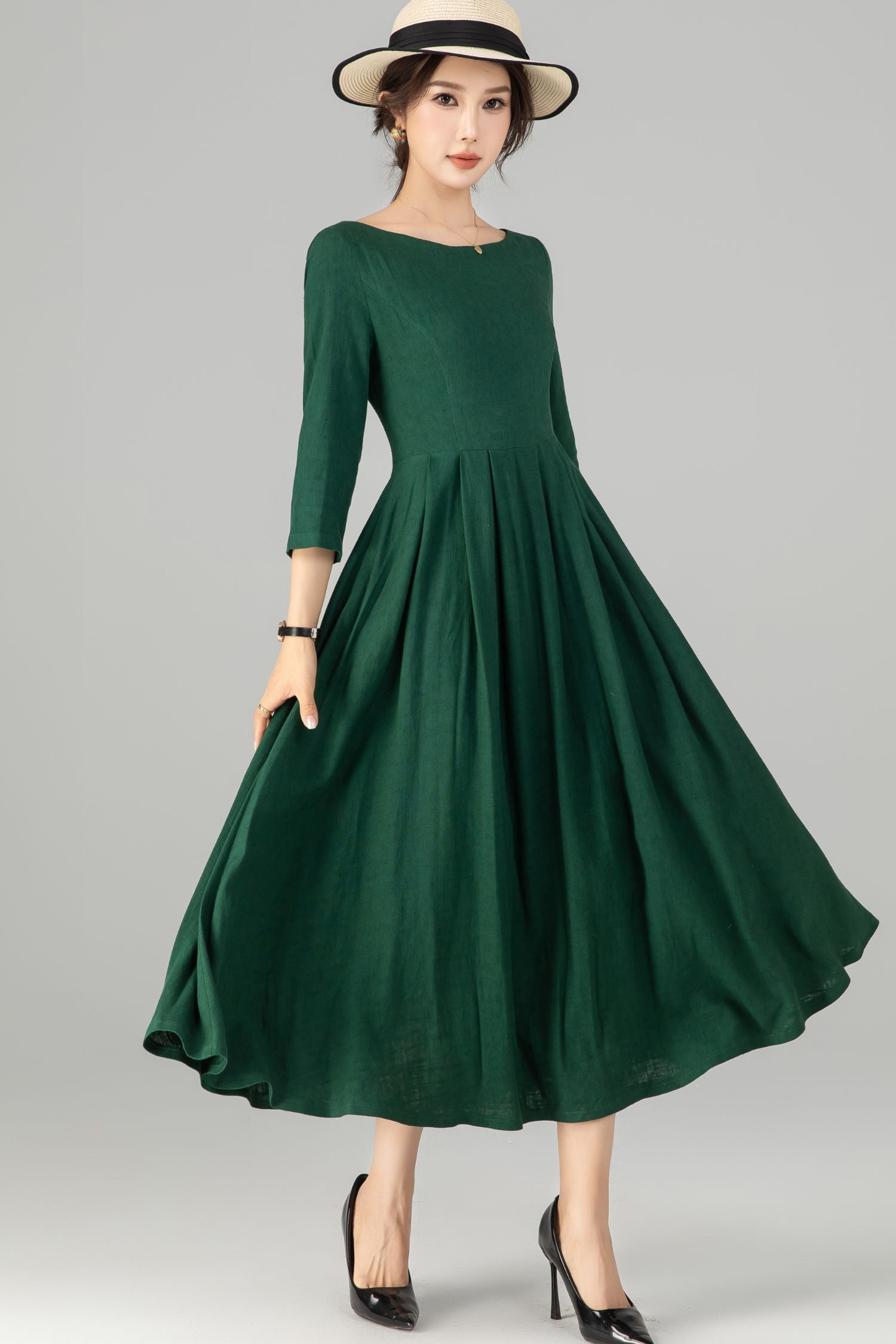 Green Linen Dress Handmade Vintage 1950s Style Midi 5714 Xiaolizi Green Linen Dress Handmade Vintage 1950s Style Midi 5714 Xiaolizi
