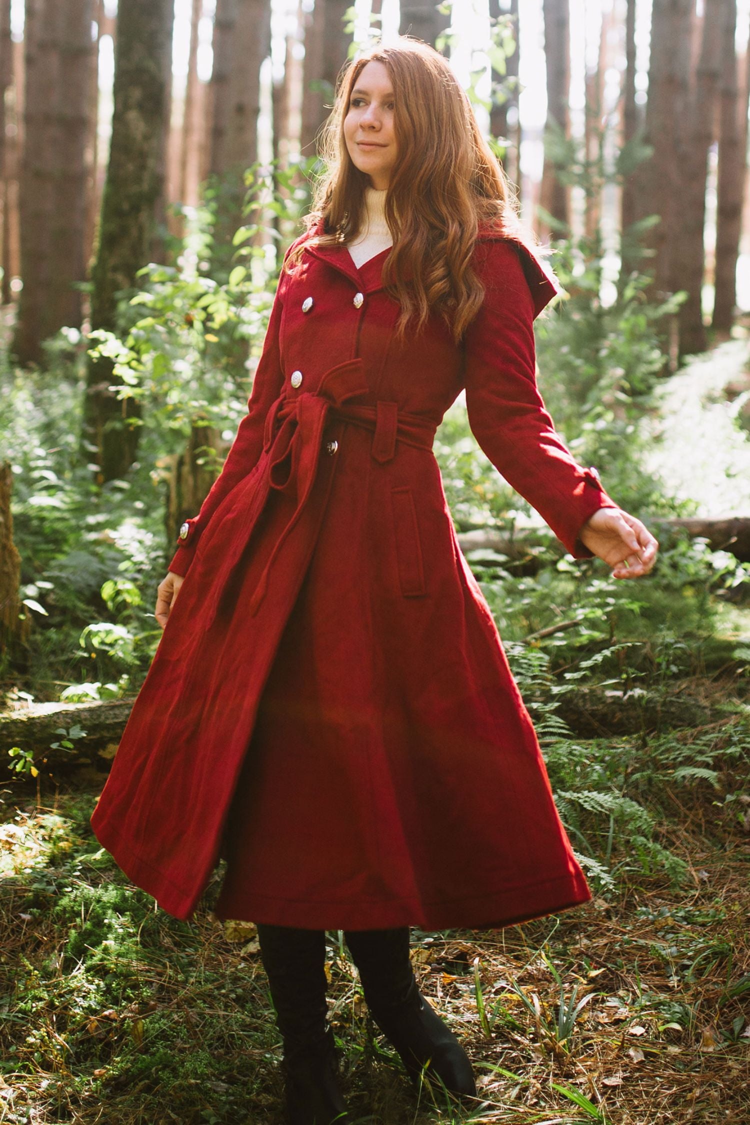 Burgundy Wool Coat Maxi with Hood and Self Tie Waist for Women Red / XL