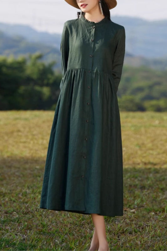 Long sleeves green midi button up linen dress women 4833