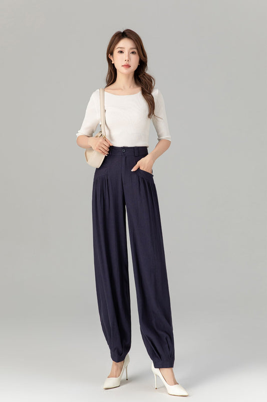 Navy loose fitting wide leg linen pants Handmade by Xiaolizi 4937