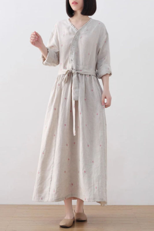 Beige Linen Midi Dress - Romantic Floral Pattern with Pockets 4830