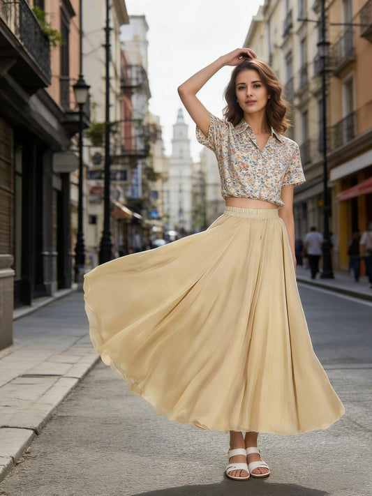 Beige Chiffon Midi Skirt – Flowing Elegant Style | Xiaolizi 6768