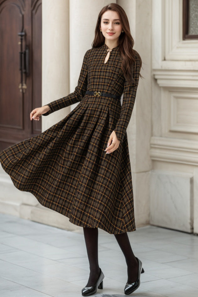 Plaid Wool Dress Vintage Long Sleeve Winter Midi | Xiaolizi Plaid Wool Dress Vintage Long Sleeve Winter Midi | Xiaolizi