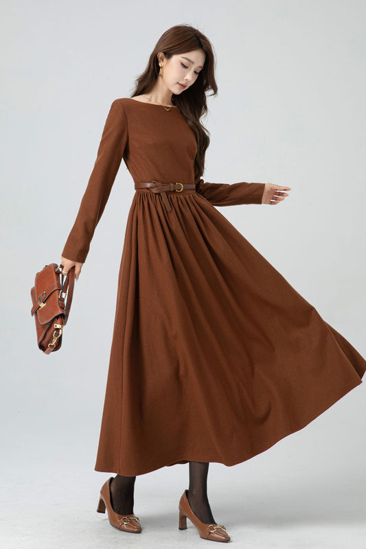 Vintage Wool Blend Maxi Dress – Handmade Fit & Flare Long Sleeve | Xiaolizi 5305