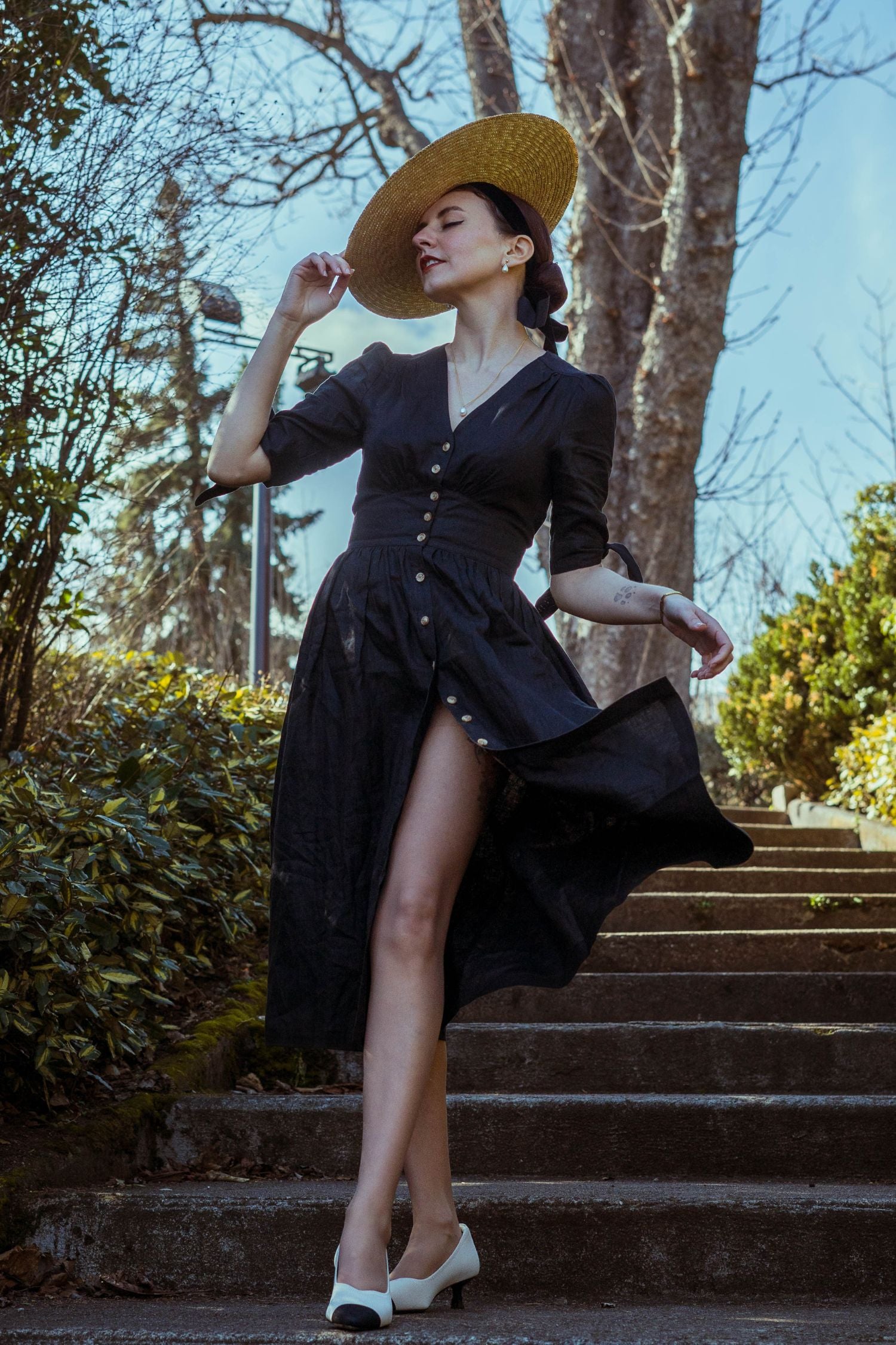Black v neck Linen Dress 5207 Xiaolizi Black v neck Linen Dress 5207 Xiaolizi