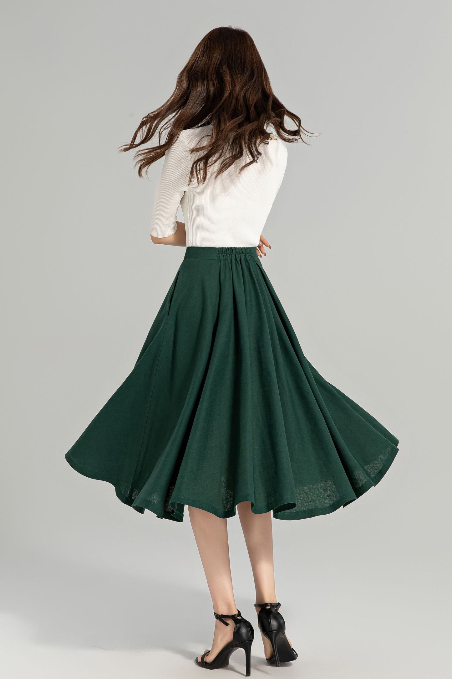 Dark Green Button-Down Linen Midi Skirt – A-Line, Pockets, Elastic Back | Xiaolizi 4963