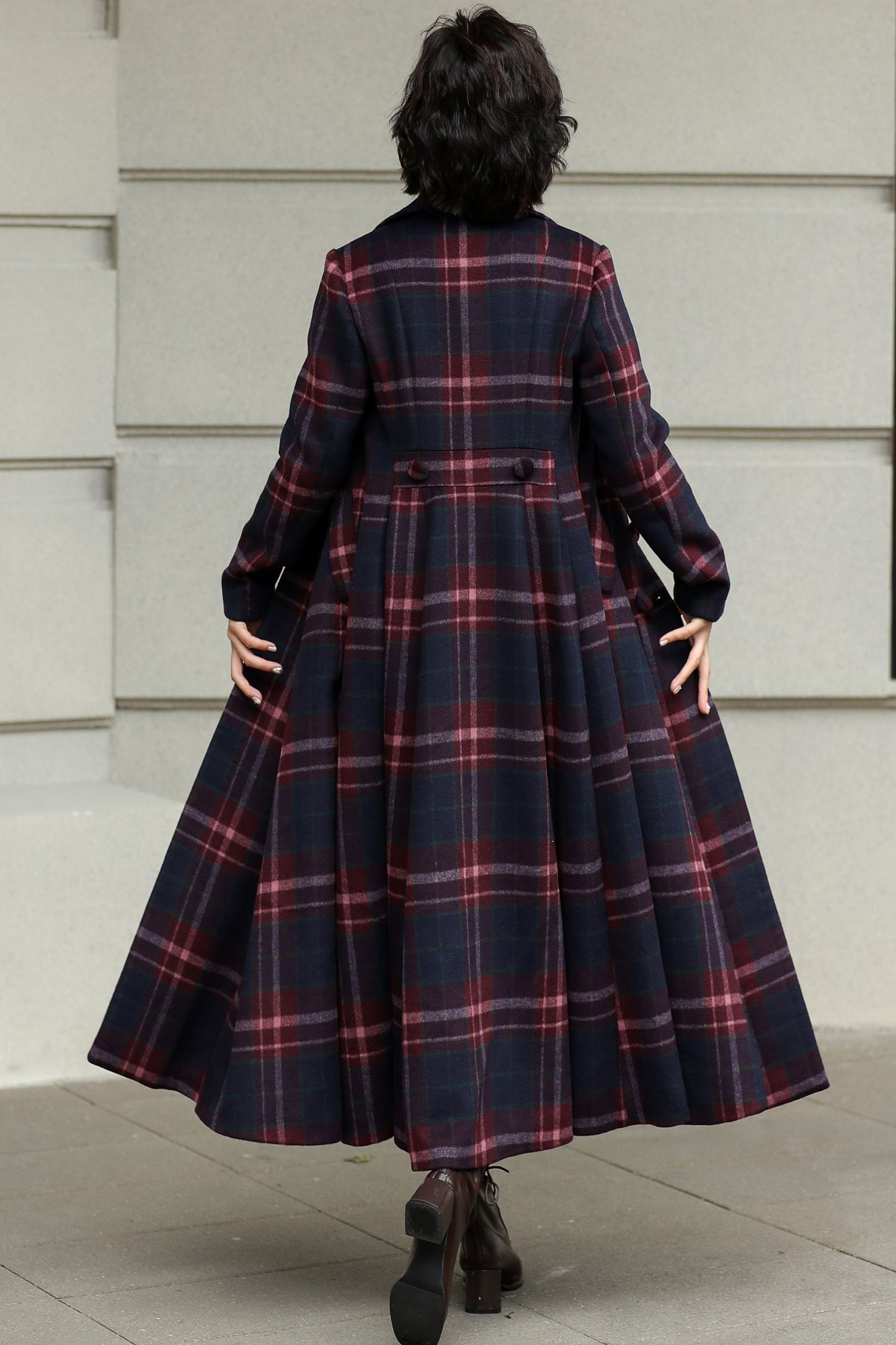 Plaid Wool Swing Coat – Vintage 1950s Double Breasted Long Overcoat 6536