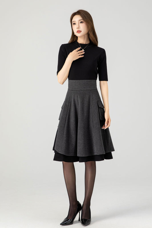 Gray Wool Skater Skirt – Asymmetrical Layered Pocket Midi Skirt 4629