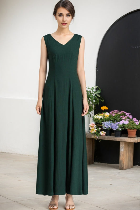 Maxi summer green linen dress women 2361