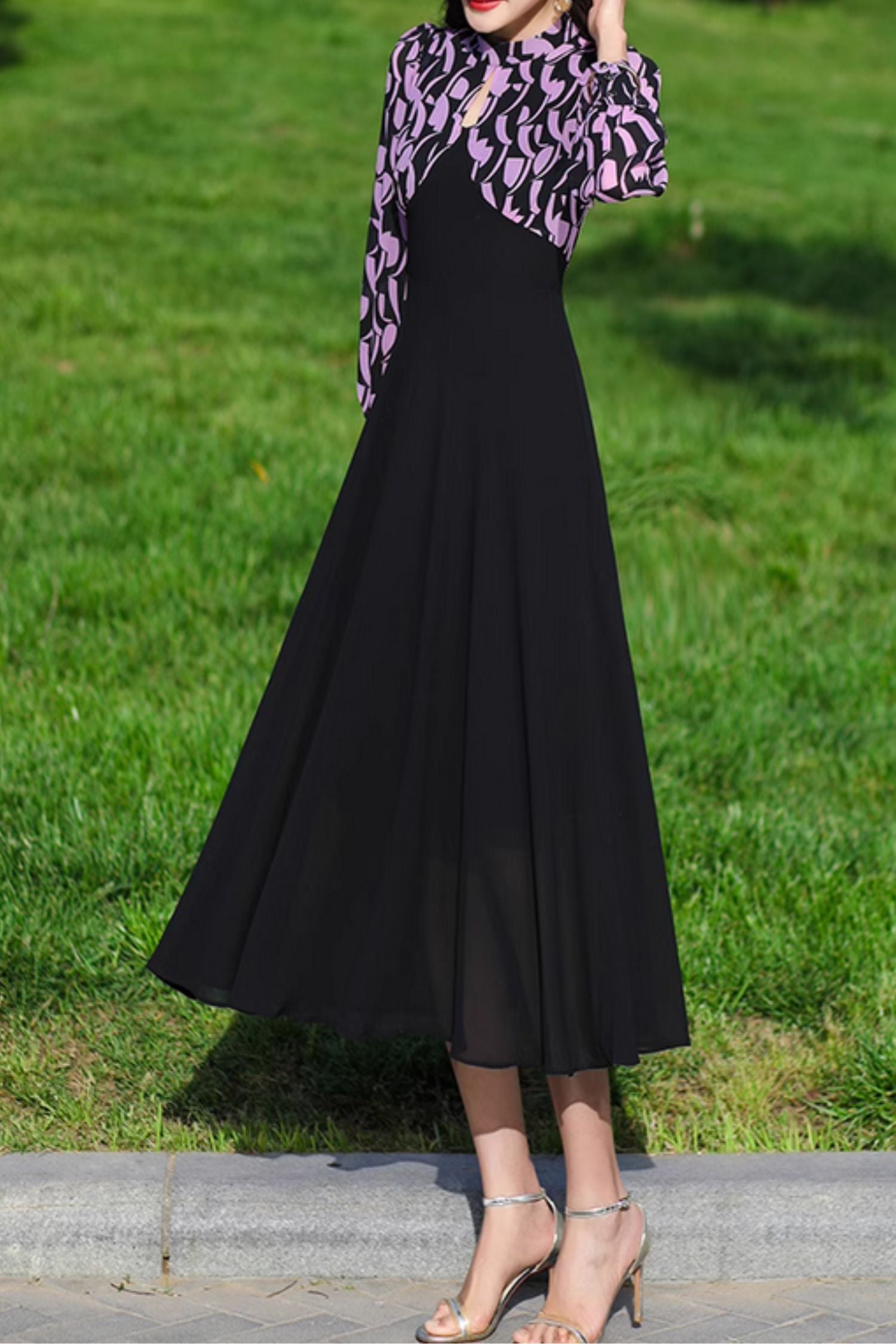 Long sleeves patchwork summer prom chiffon dress 5080 Xiaolizi Long sleeves patchwork summer prom chiffon dress 5080 Xiaolizi