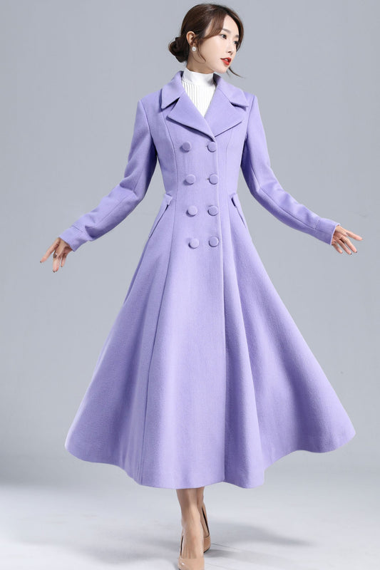 Light Purple Wool Fit-and-Flare Long Coat – Double-Breasted Elegant Silhouette | Xiaolizi 3232