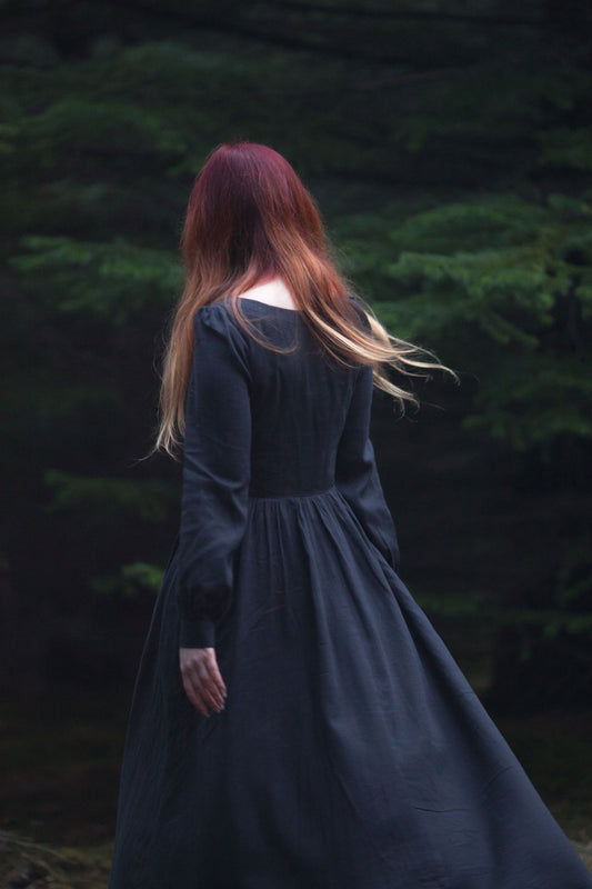 Navy Linen Cotton Maxi Dress – Vintage Boat Neck Long Sleeve Dress 3052