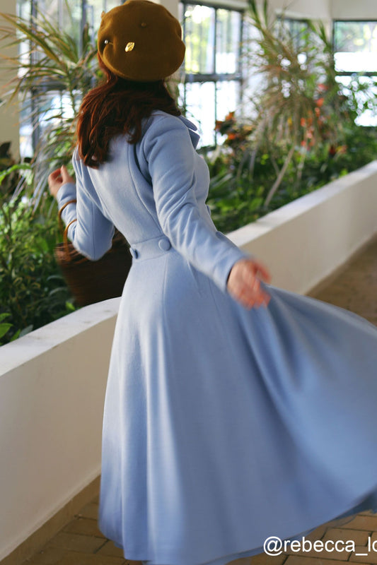 Light Blue Wool Maxi Coat – Vintage Double Breasted Long Overcoat for Weddings & Winter Elegance 2412