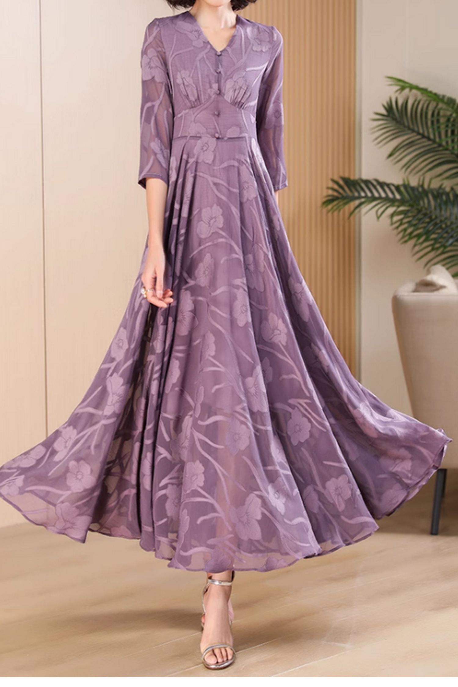 Purple Chiffon Maxi Dress with Swing Silhouette and 3/4 Sleeves – Xiaolizi