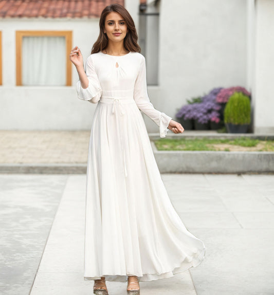Elegant White Long Dress – Flared Skirt & Keyhole Neckline – 2622