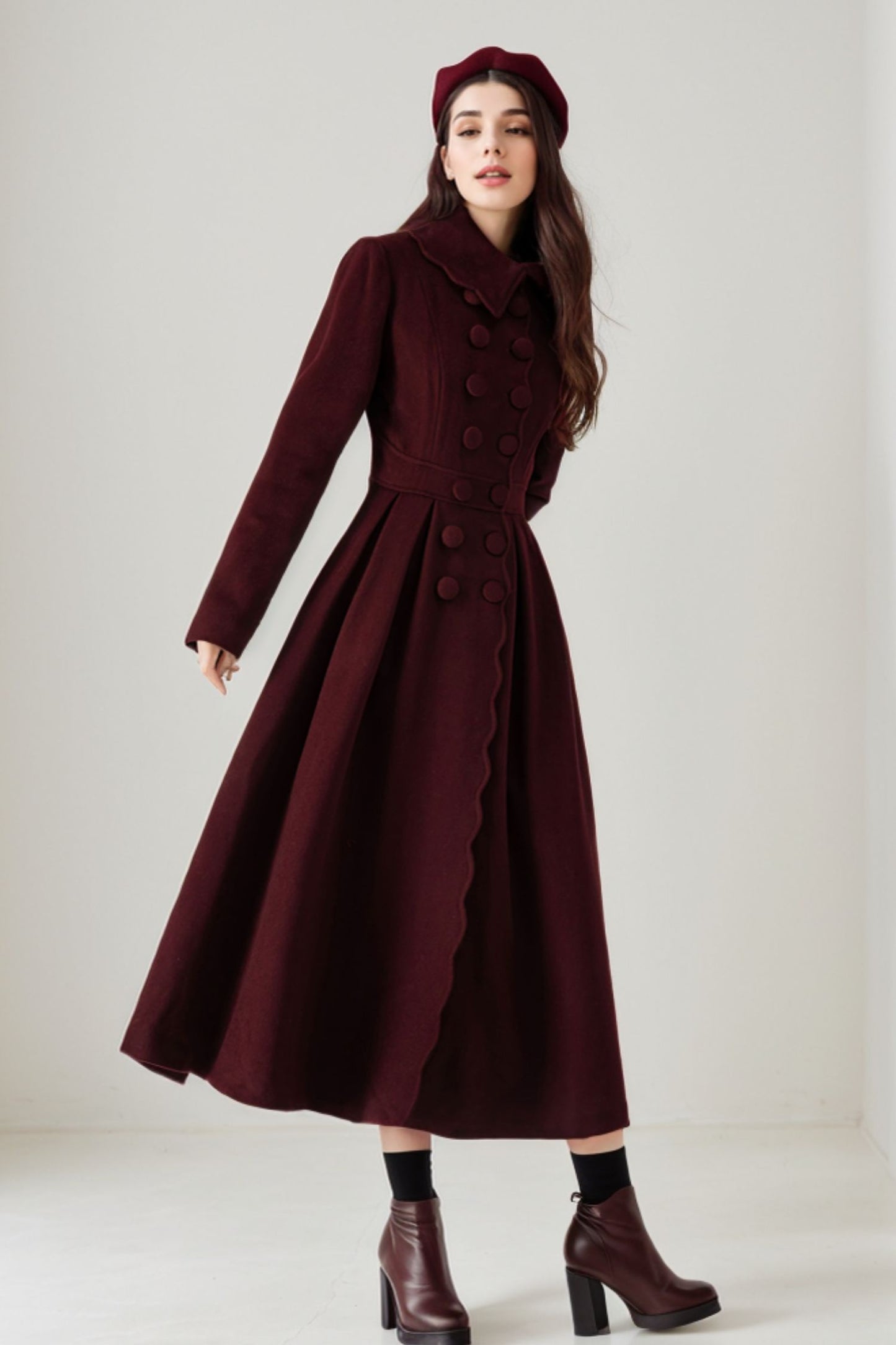 Burgundy Wool Maxi Coat - Pleated Fitted Waist with Scalloped Detail 5244