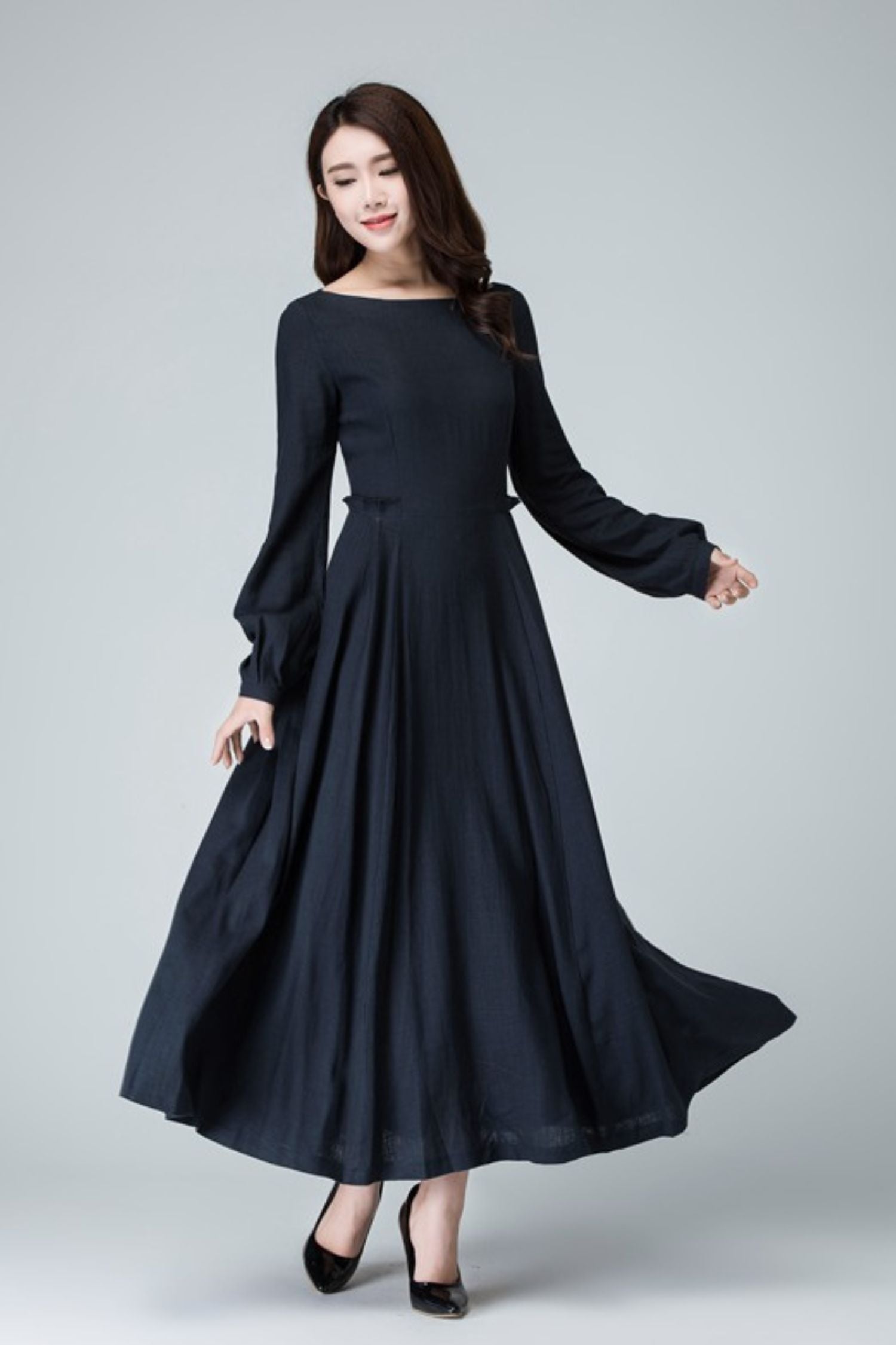 Timeless Blue MaxiLinen Dress Flared Skirt & Boat Neckline 1465 Xiaolizi Timeless Blue MaxiLinen Dress Flared Skirt & Boat Neckline 1465 Xiaolizi