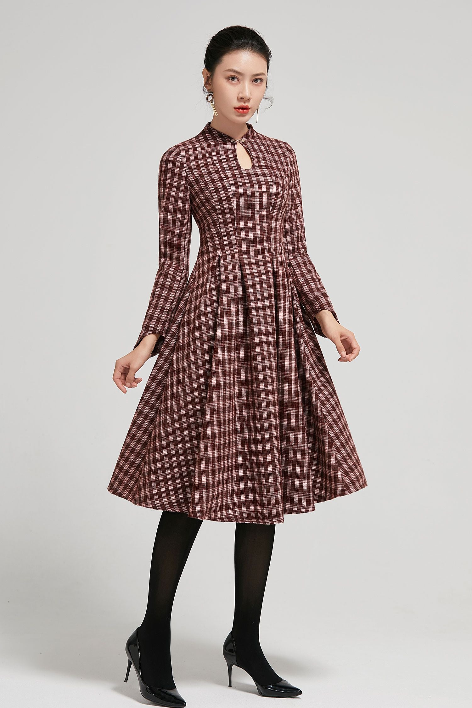 Handmade Mandarin collar plaid winter wool dress women 2295 Xiaolizi Handmade Mandarin collar plaid winter wool dress women 2295 Xiaolizi