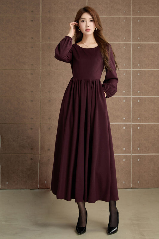 Burgundy Wool Maxi Dress – Elegant Vintage Long Sleeve Winter Dress with Pockets 5359