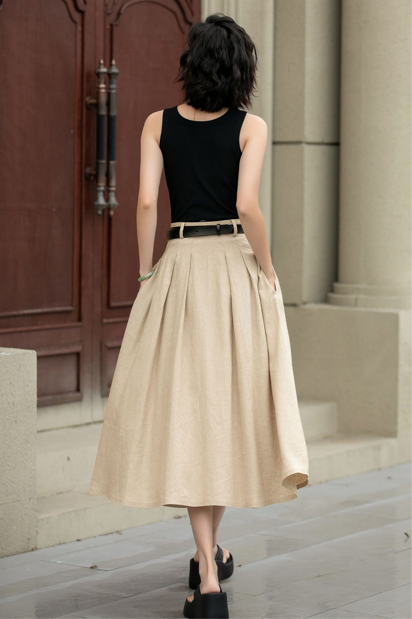 Pleated midi beige linen skirt with pockets 5237