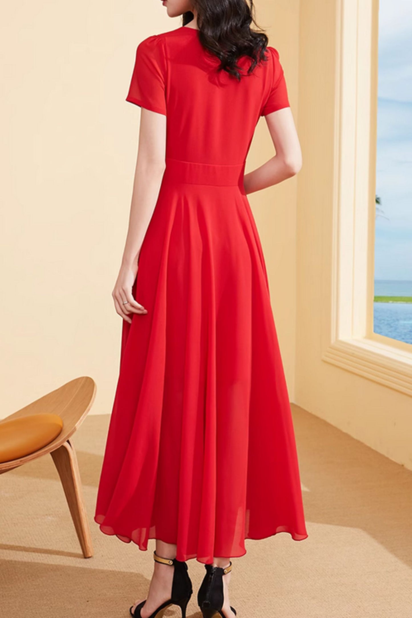 Red fit and flare maxi summer beach dress 5005