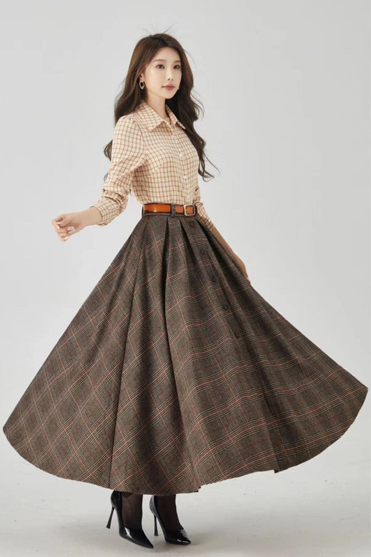 A line long wool plaid winter skirt 4536