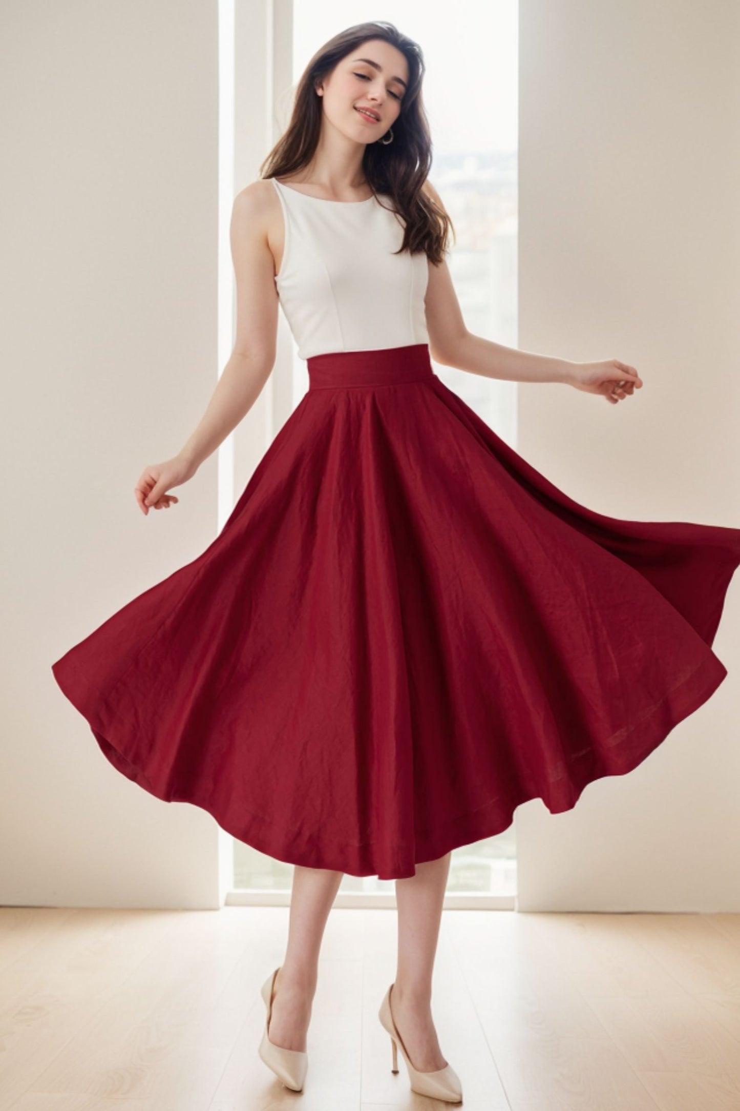 Deep Red Linen Skirt – Flared High Waist Midi Skirt for Spring Summer 5070