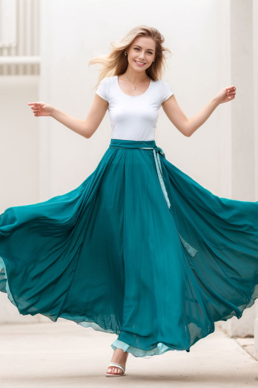 Blue Long Chiffon Maxi Skirt Women 4270