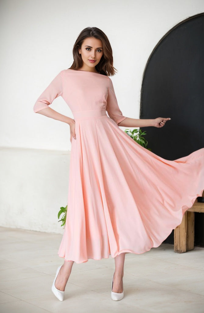 Elbow length sleeves fit and flare Midi dress 1524# Xiaolizi Elbow length sleeves fit and flare Midi dress 1524# Xiaolizi