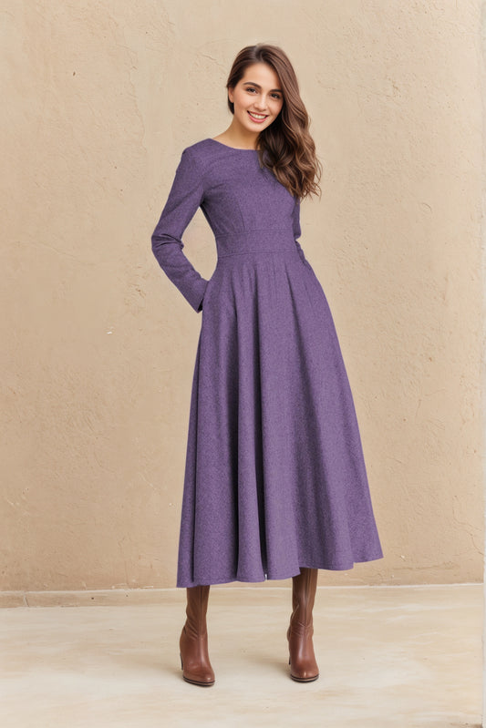 Vintage Purple Wool Midi Dress – Handmade Fit & Flare Winter Dress | Xiaolizi 6515