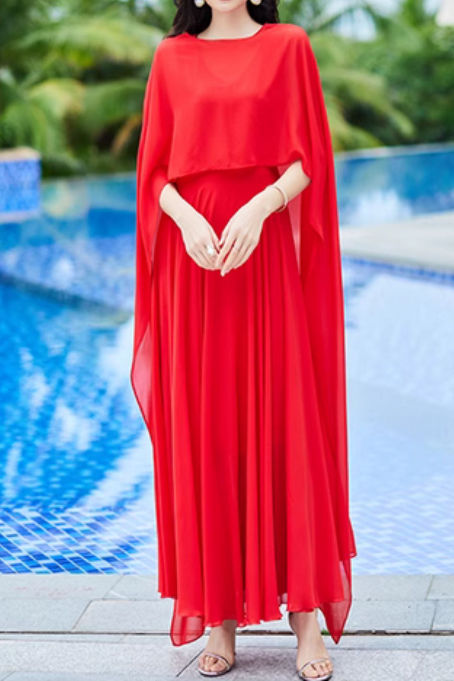 red flowing maxi dress Gradient Red Maxi Dress With Flowing Sleeves